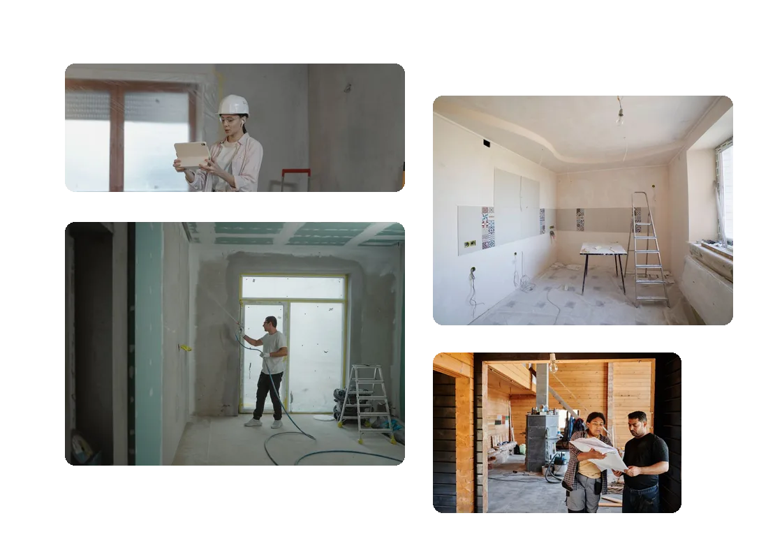 Profissional de capacete com tablet numa casa em obra, pintura, cozinha em remodelação e equipa a ver a planta: empresas de construção com Google Ads